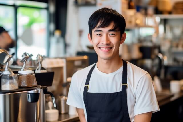 カフェでバイト中の日本人の若い男性